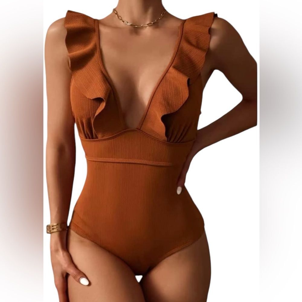 One Piece Swimsuit Lace Up Bodysuit Deep Neck Backless Bathing Suit Womens XL